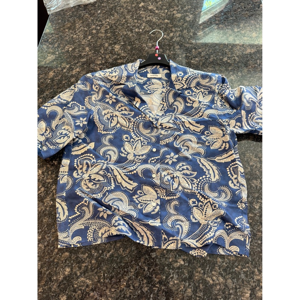 Sandro Paris Blue Ecru Paisley Short Sleeve Button Down Shirt SFPCM01682 Size 1